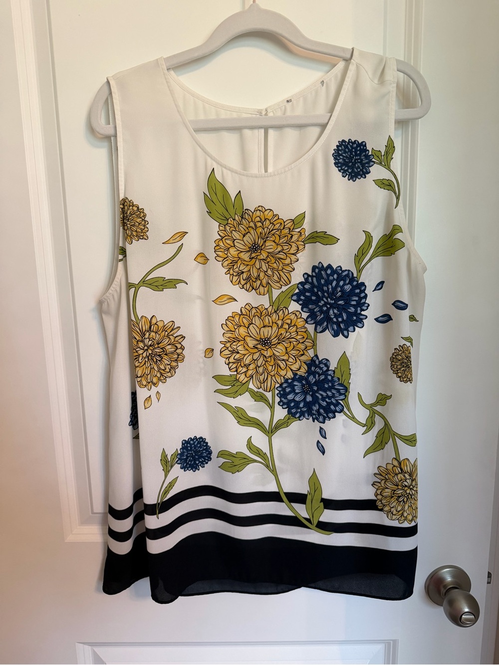 Women's Sleeveless Floral Print Tank Top - White with Blue & Yellow Flowers